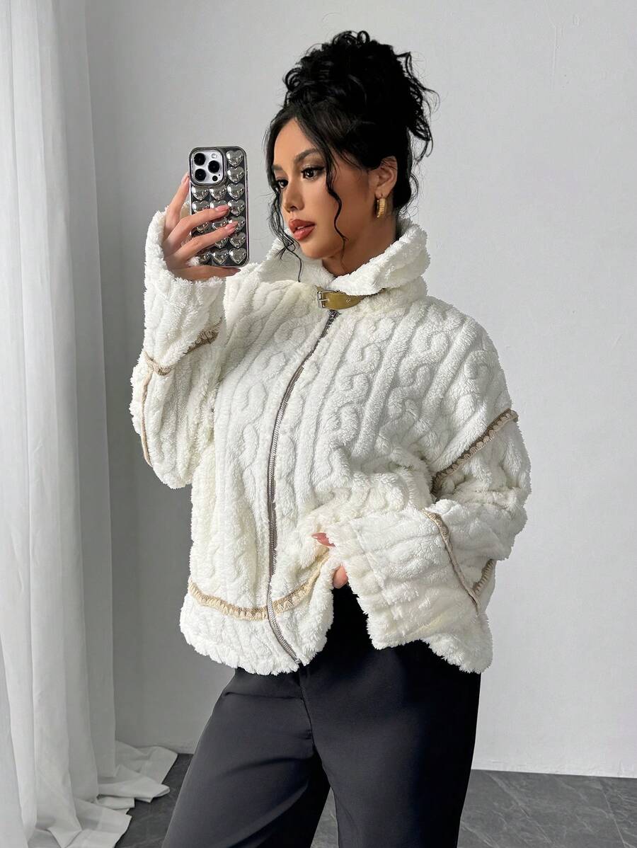 SHEIN Privé Women's Casual Elegant Warm Beige Fluffy Motorcycle Teddy Jacket, Regular Fit, Autumn/Winter