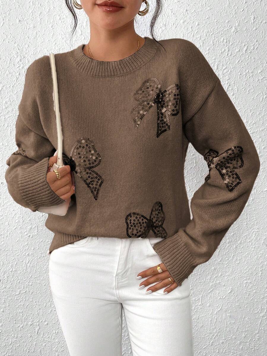 Chiquease Crew Neck Pullover Sweater With Rhinestone Butterfly Embroidery, Pink, For Autumn/Winter
