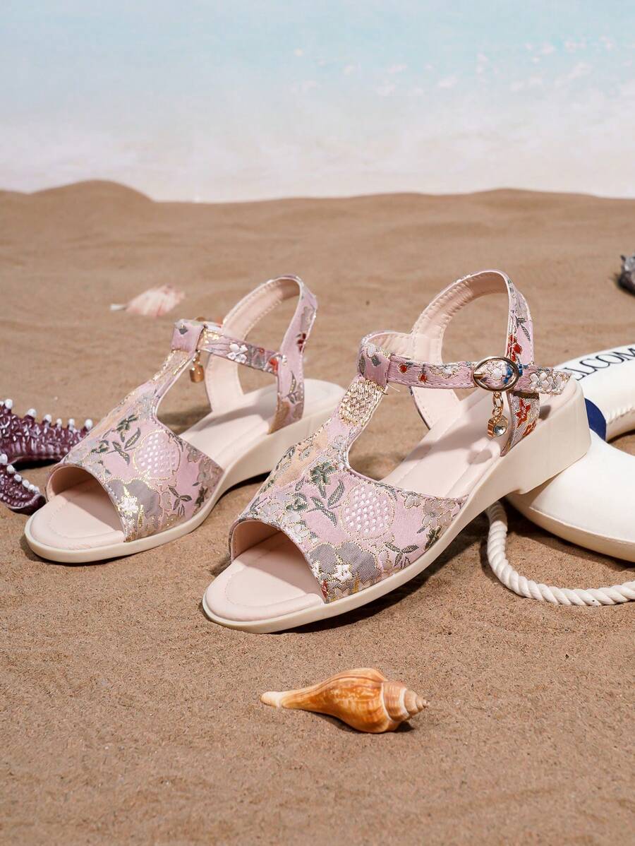 Cute Casual & Fashion Embroidered Breathable Lightweight Rope Platform Round Toe Flat Sandals For Girls