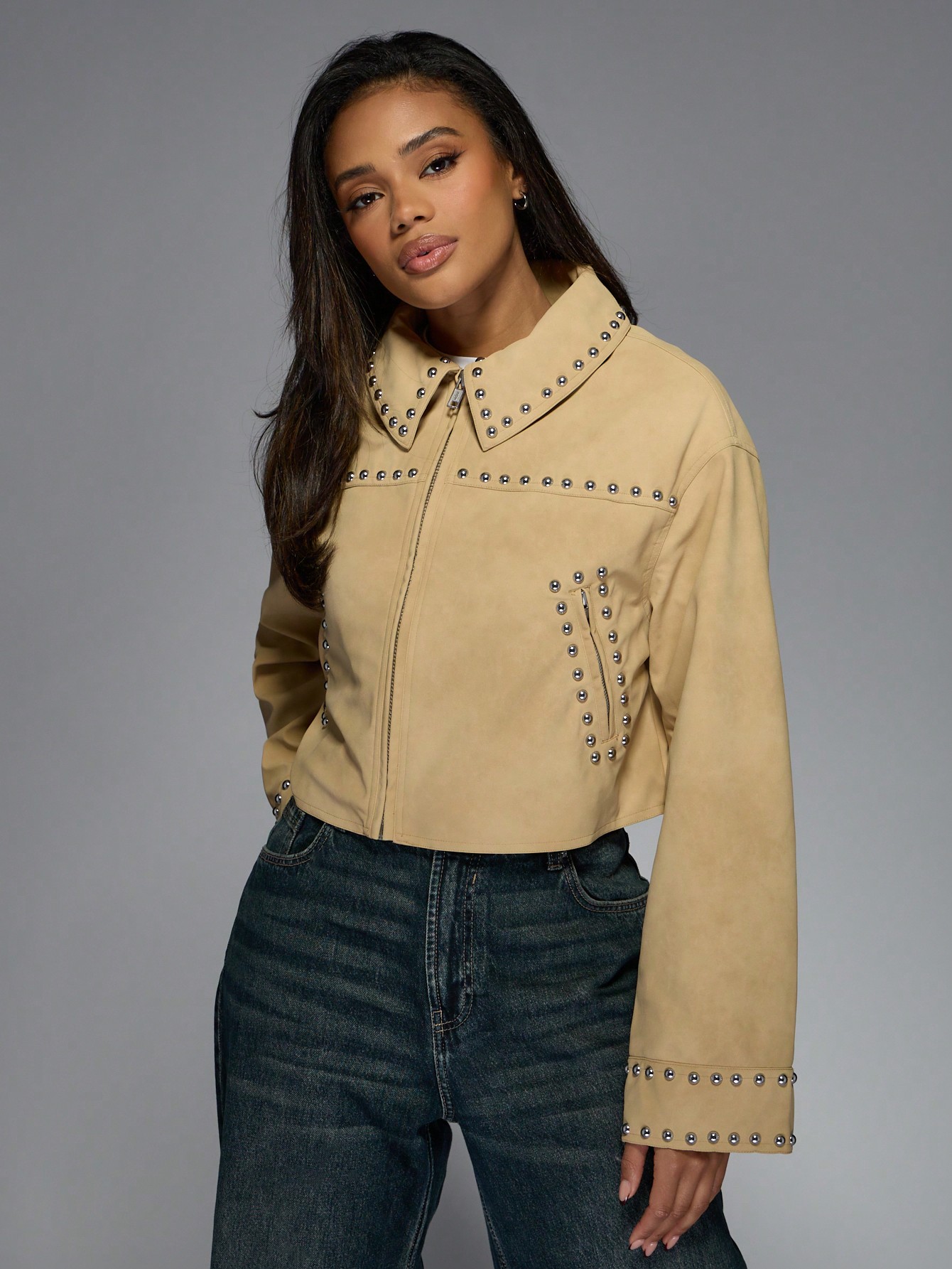 Studded Western Suede Zip-Front Jacket Retro Fashion Fall