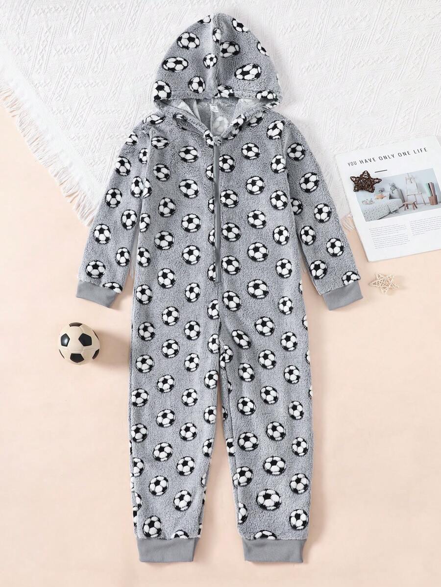 Boy's Gray & White Space Graphic Plush Hooded Zip-Up Jumpsuit Loungewear