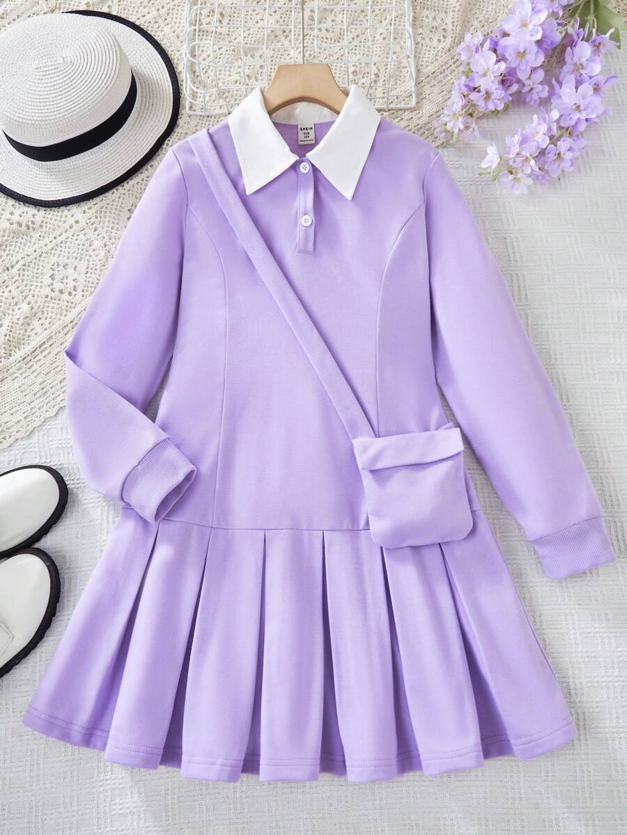 Vestido de sudadera con bloque de color, cuello de camisa y pliegues para niñas preadolescentes, sudadera de estilo escolar con bolso