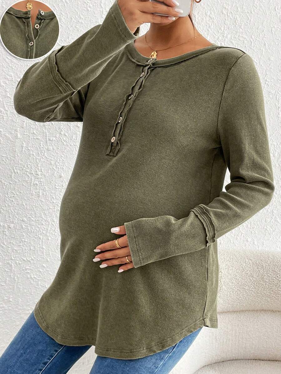SHEIN Maternity Solid Color Round Neck Long Sleeve Button Half Placket Casual T-Shirt For Autumn