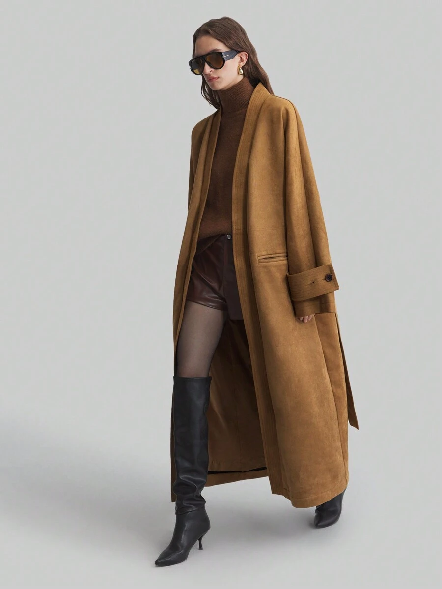 Ontre 2025 New Women's Brown Long Sleeve Casual Loose Collar-Less Trench Coat, Elegant Oversized Outerwear, For Women, Spring, Valentine's Day