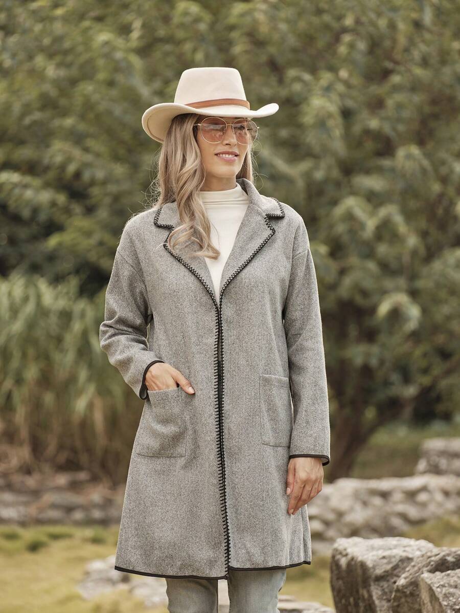 LanaWest Women's Lapel Dropped Shoulder Long Sleeve Dual Pocket Casual Loose Jacket, Autumn/Winter