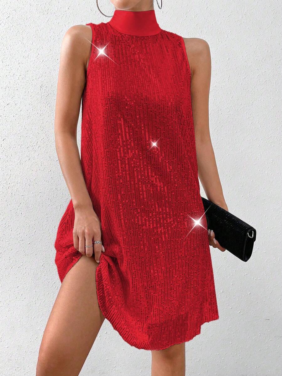 Allurite Fashionable Sequin Embellished Collar Tie Waist Sleeveless Midi Dress For New Year Clothes