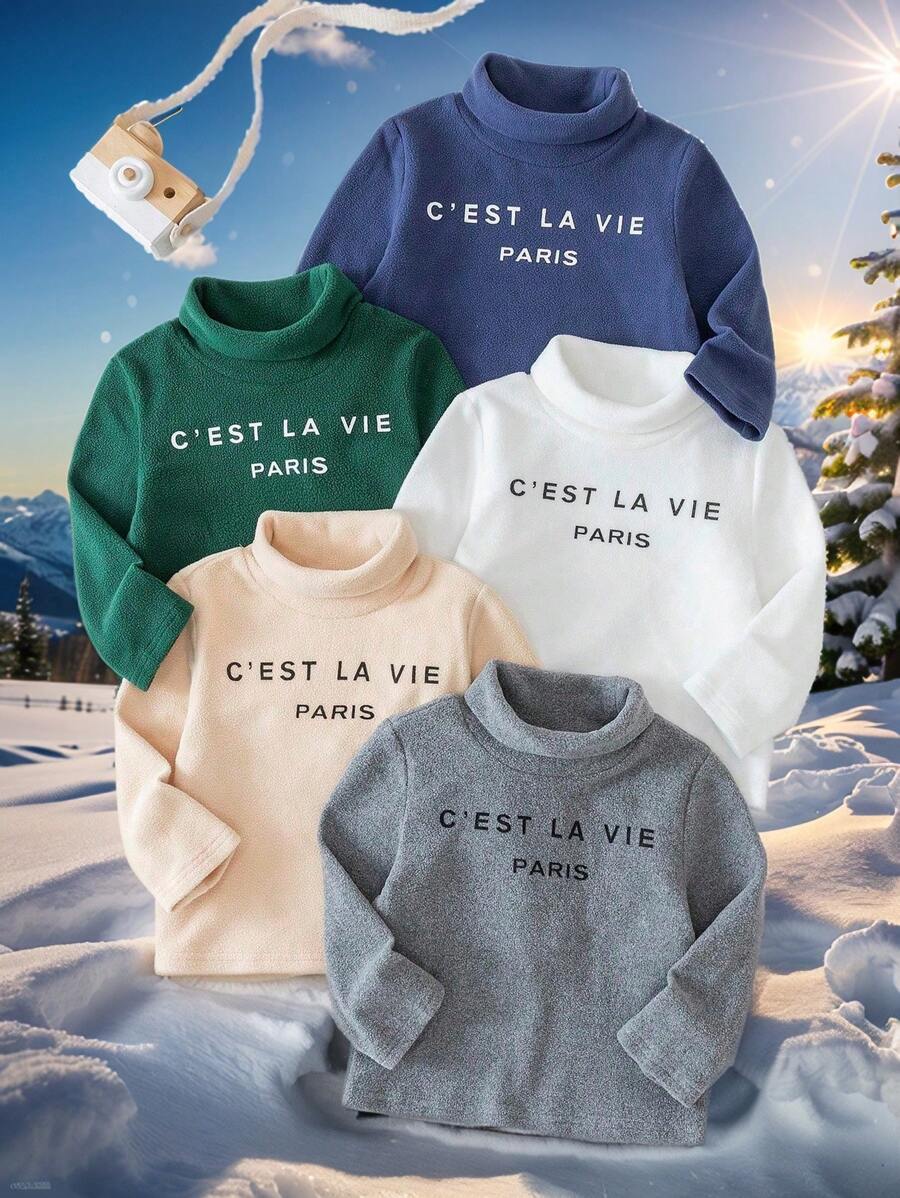 SHEIN 5pcs/Pack Baby Boys & Girls Colorful All-Match Versatile Soft & Thick Double-Sided Fleece High Stretch Letter Graphic Knit Stand Collar Long Sleeve Pullover Tops, Suitable For Indoor & Outdoor Wear, Autumn/Winter