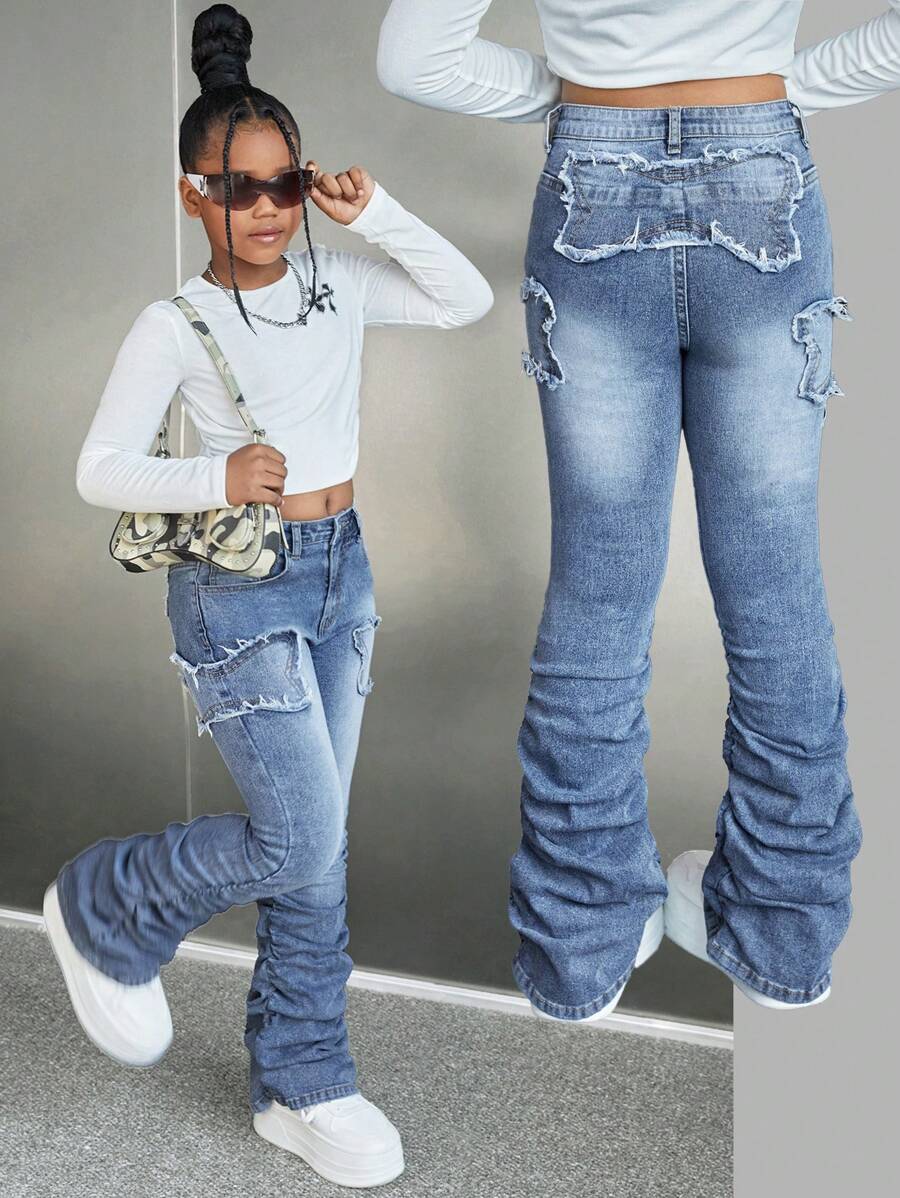 SHEIN Tween Girl Y2K Moda Fluture Mozaic cu franjuri Volană La modă Casual Versatili Blugi stivuiți
