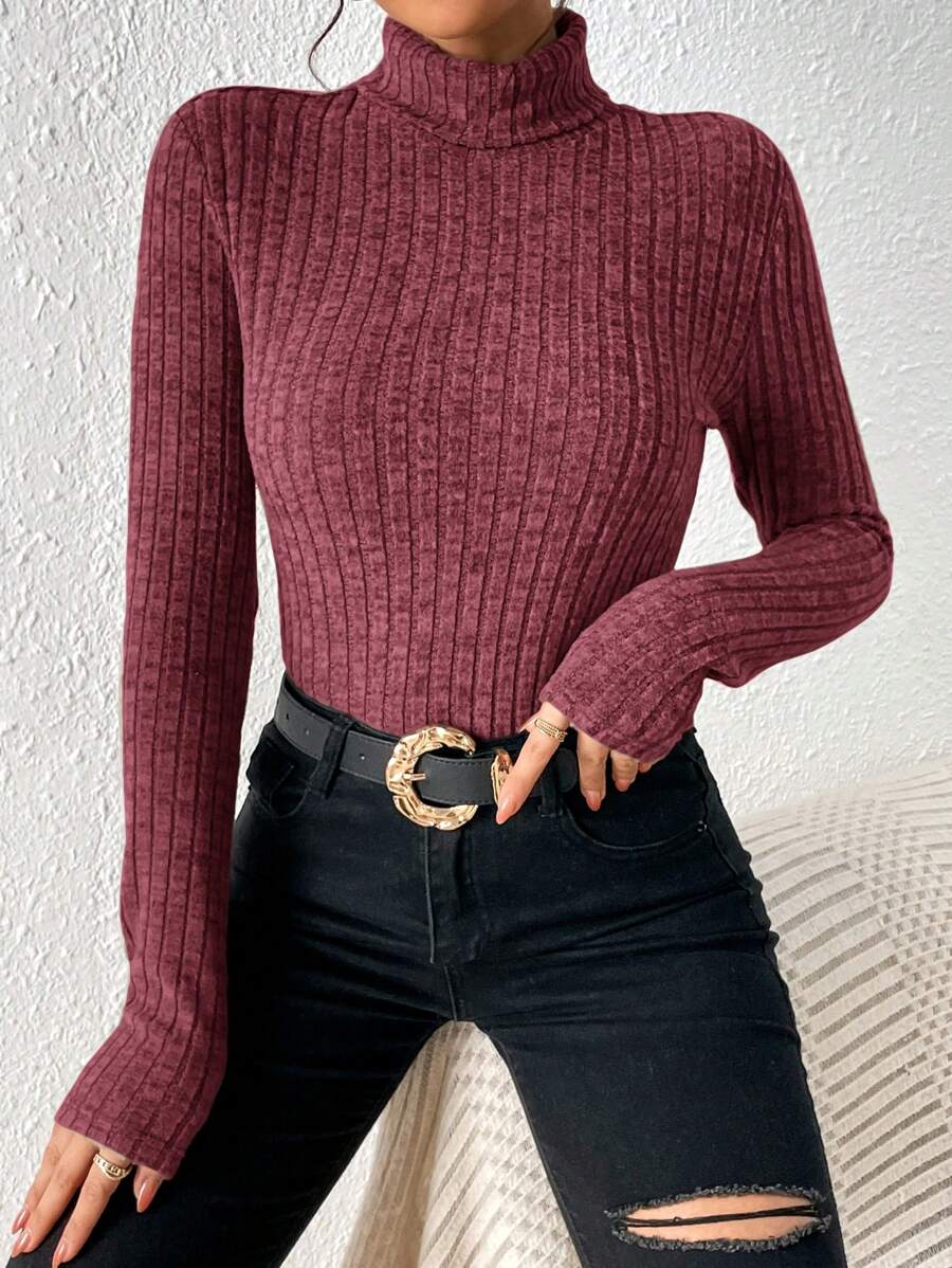 SHEIN Essnce Women High Neck Ribbed Long Sleeve Fitted T-Shirt, Solid Color, Autumn/Winter