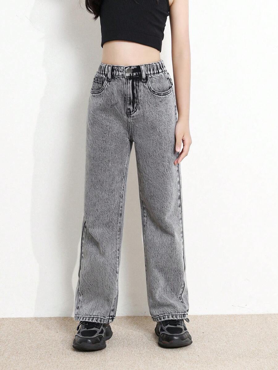 SHEIN TWEEN GIRL All-Match Casual Contemporary Street Style Snowflake Distressed Waist Elastic Waistband 5-Pocket Skinny Fit Straight Leg Jeans, All-Year Versatile And Fashionable Denim Essential