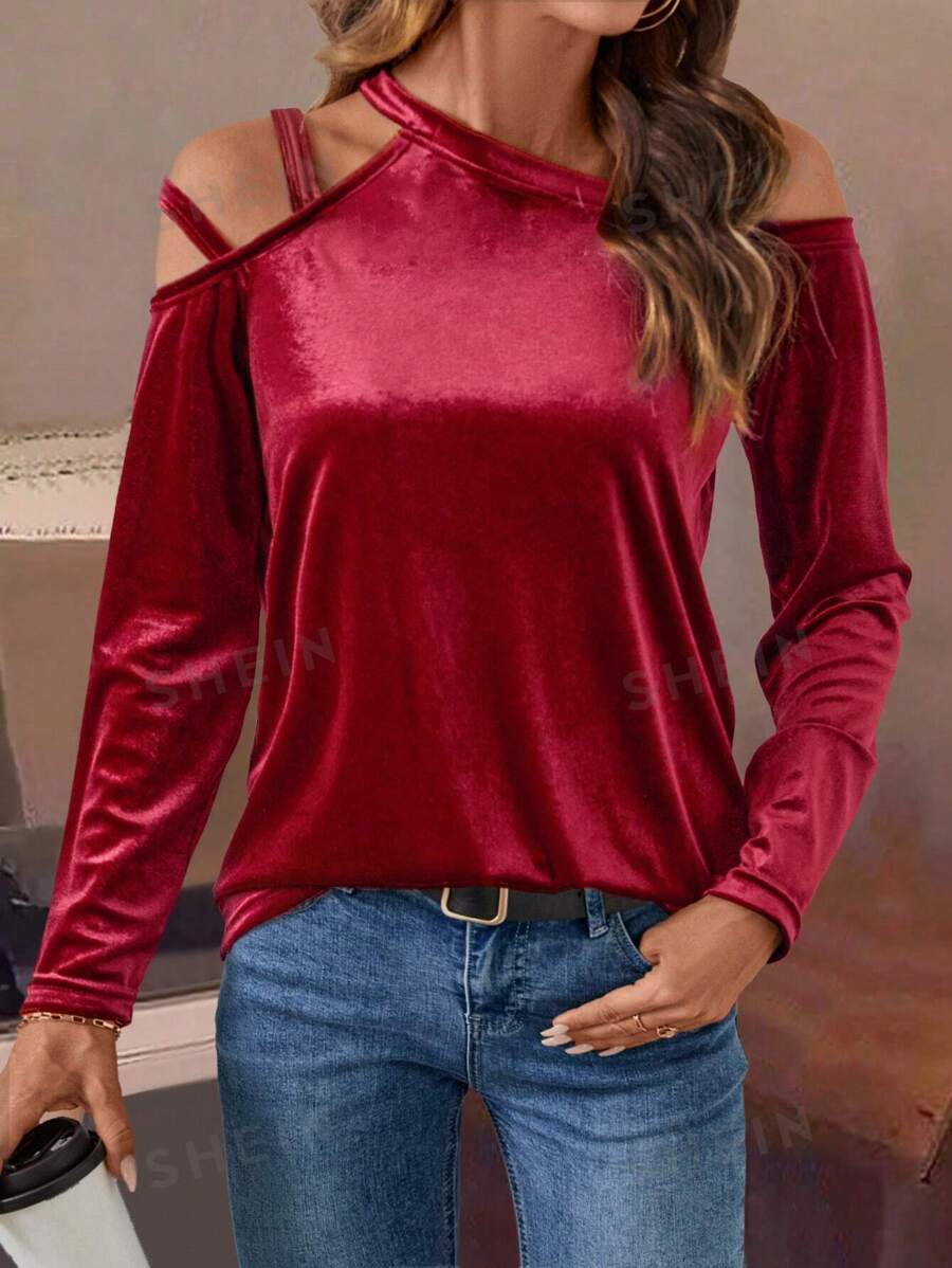 SHEIN LUNE Camiseta de manga larga de mujer con diseño de lazo en el hombro derecho, de tela de terciopelo, casual y versátil, para otoño/invierno