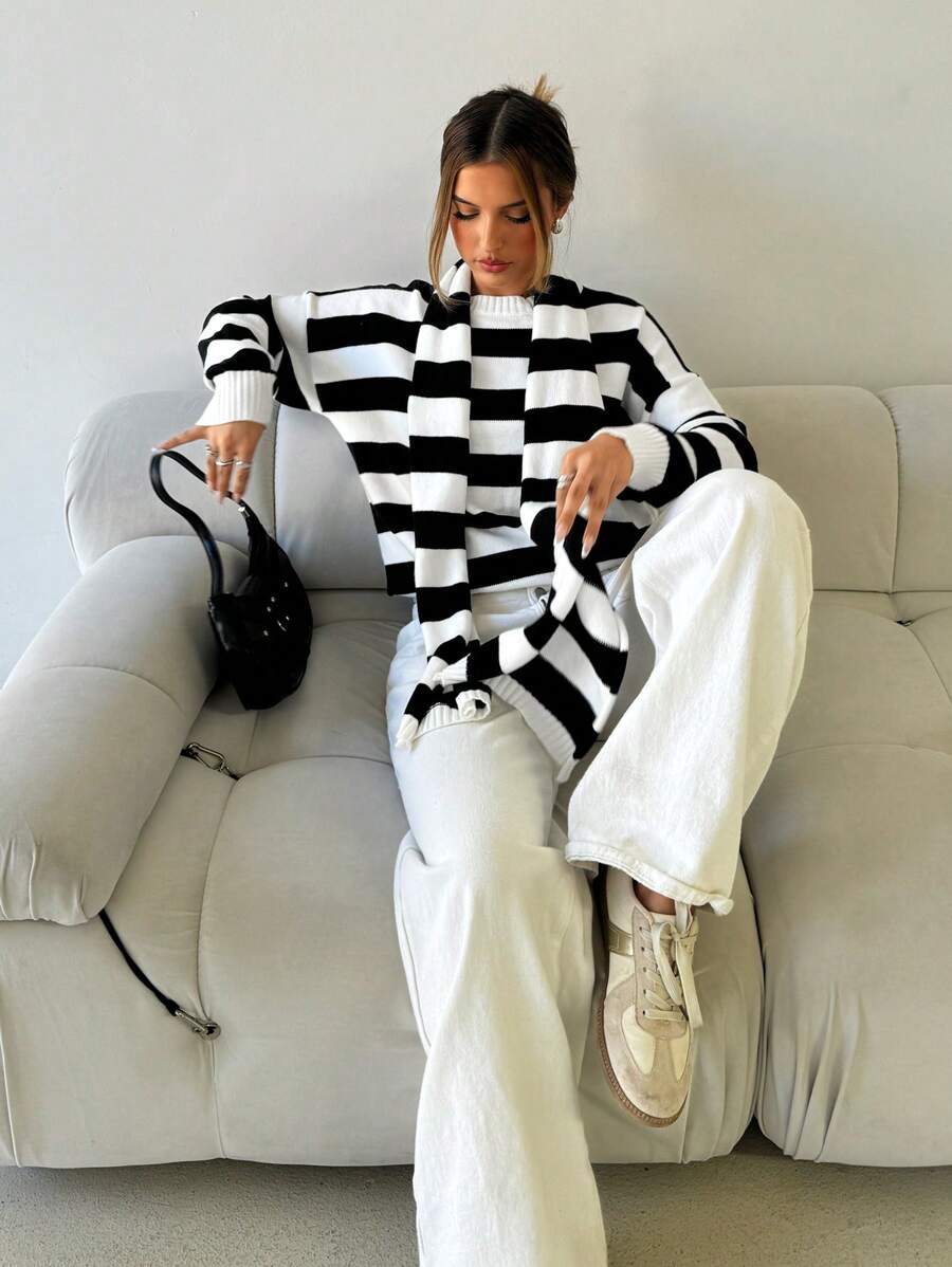 Aloruh Women's Autumn And Winter Sweater, Warm, Casual, Elegant, Business Commuting, Old Money Style, Loose Black And White Striped Knitted Top, Round Neck Long-Sleeved Striped Sweater (Including Scarf )2pce, Daily Wear