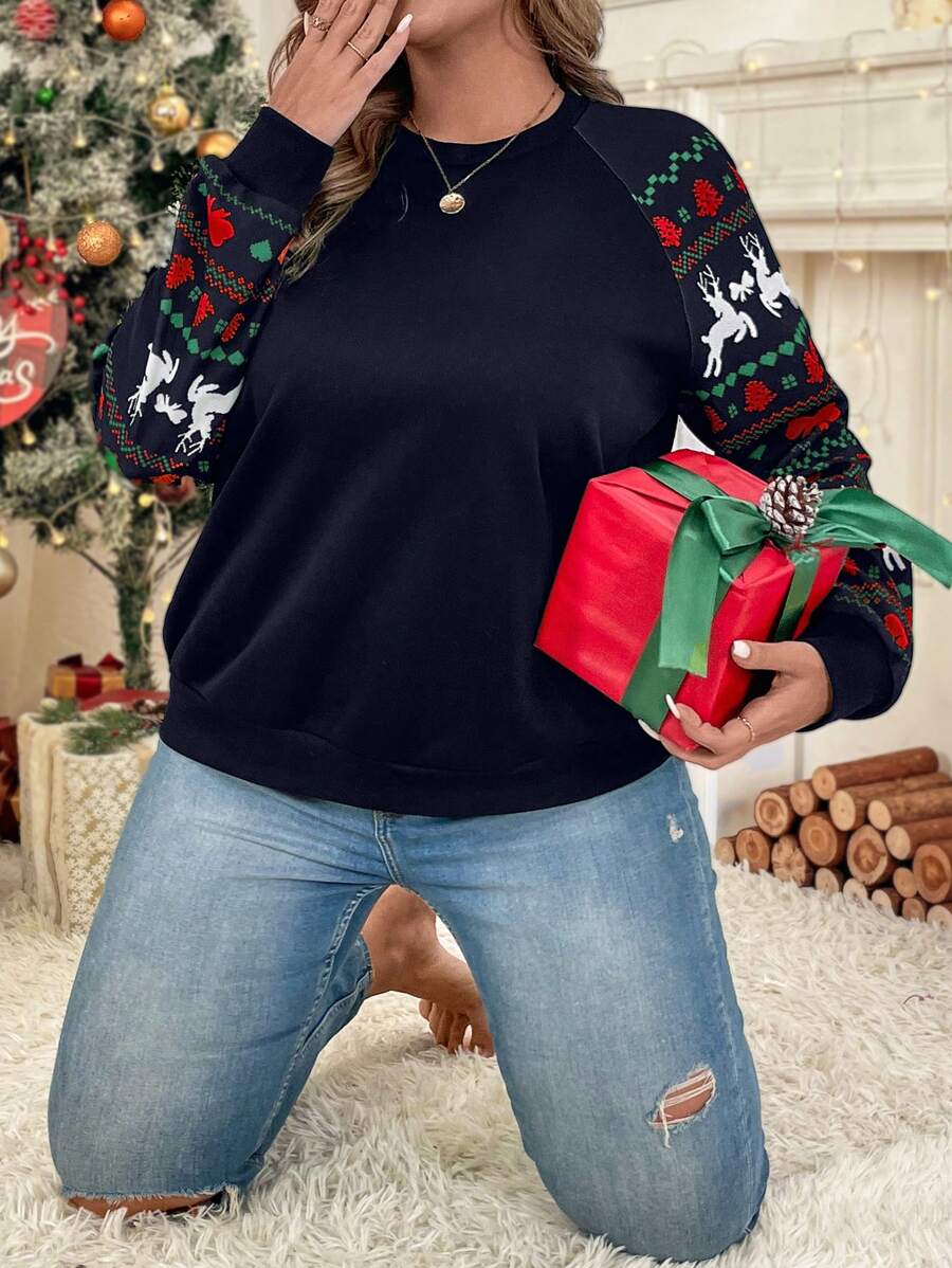 SHEIN VCAY Plus-Size Autumn And Winter Long Sleeve Warm Plus Size Christmas Print Sweatshirt, Christmas Outfit, Outing And Party Wear, Casual Clothing, Sleeve-Print Warm Sweatshirt