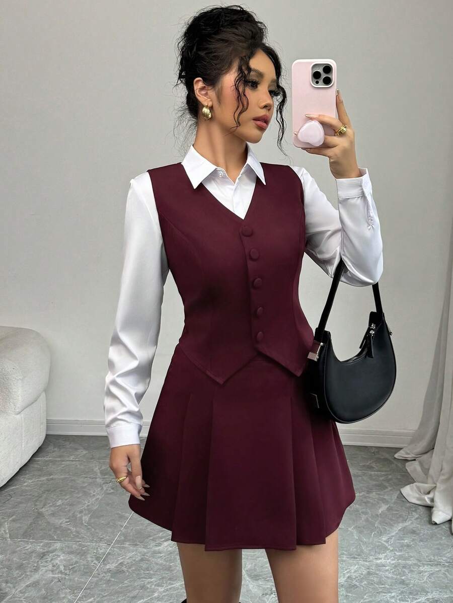 Elenzga Solid Color Sleeveless Vest & A-Line Pleated Skirt Suit