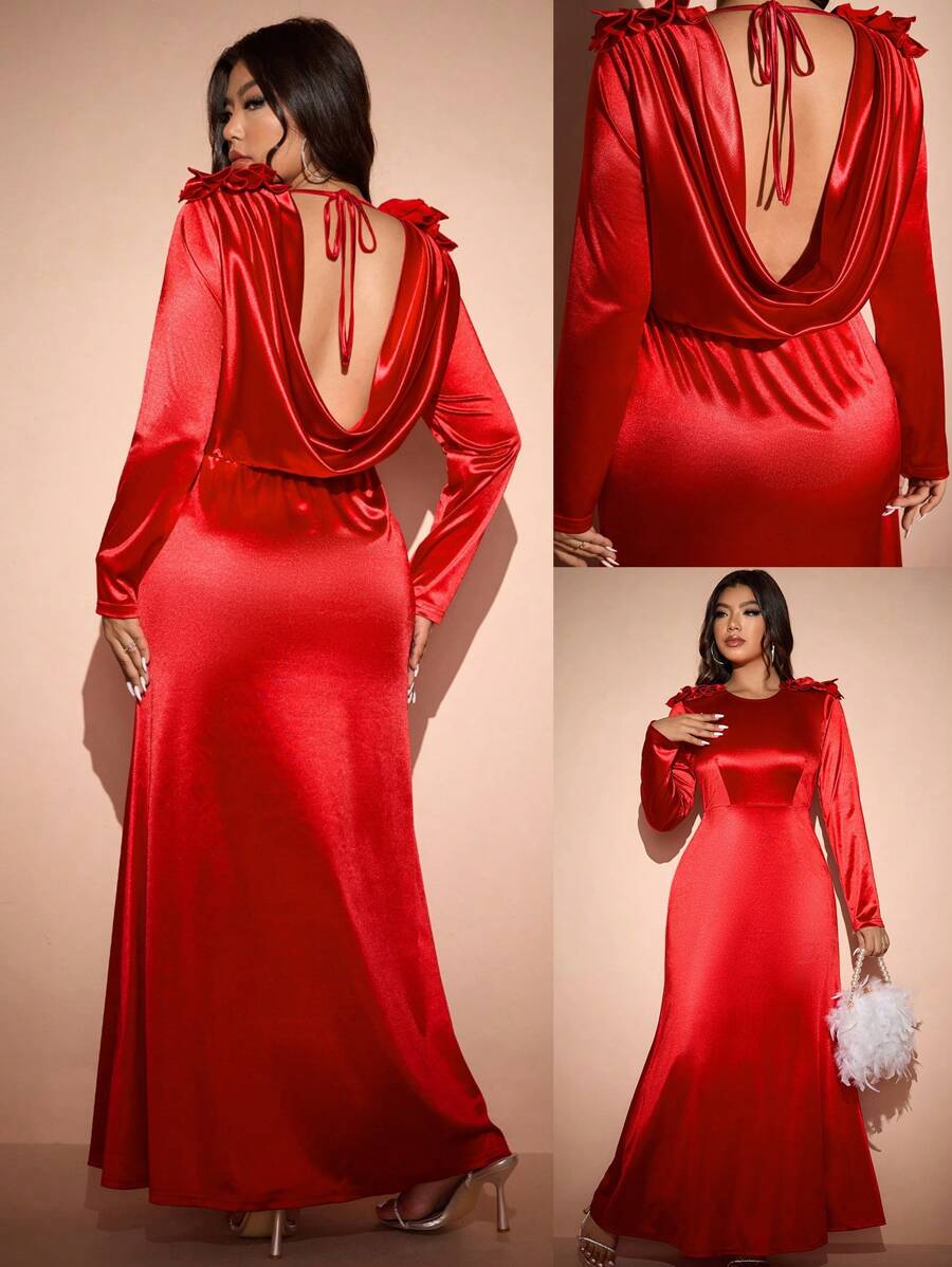 Allurite Plus Size Elegant & Sexy Solid Color Backless Dress For New Year Clothes Maxi Women Outfit Valentine Love/Lover Heart