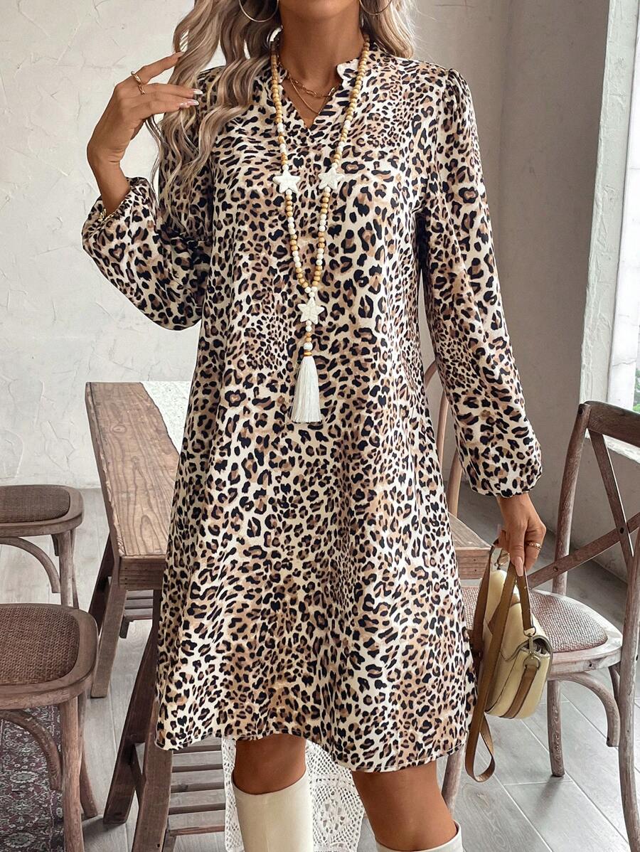 EMERY ROSE Vrouwen Luipaard Print Casual Lange Mouw Jurk, Voor Dagelijks Gebruik