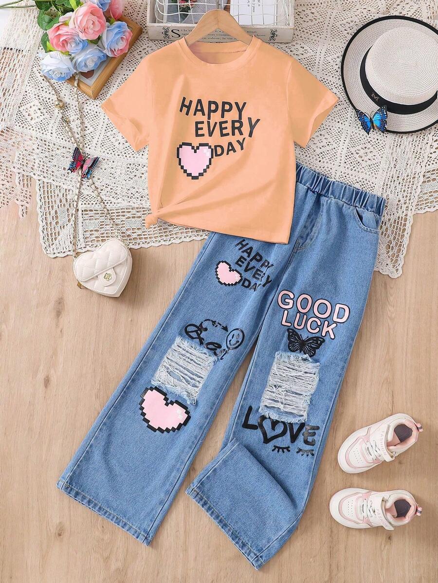 SHEIN Set de 2 piezas para niñas: Camiseta de manga corta blanca con estampado de letra y pantalones largos de mezclilla