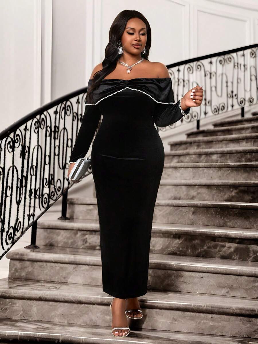 SHEIN Lady Autumn And Winter Elegant Party Wedding Valentine's Day Cocktail Party Concert/Music Festival Black Knitted Velvet Off The Shoulder Straight Tape Embellished Long Long Sleeve Plus Size Dresses Valentine's Day New Year Party Party Dress New Year Eve Dress