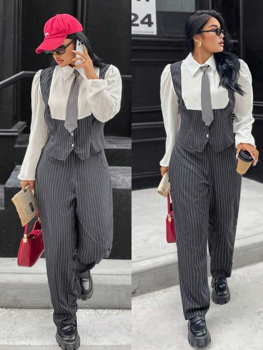 Calvaya 2pcs/Set Casual Commuting Stripe Patchwork Outfit For Older Women