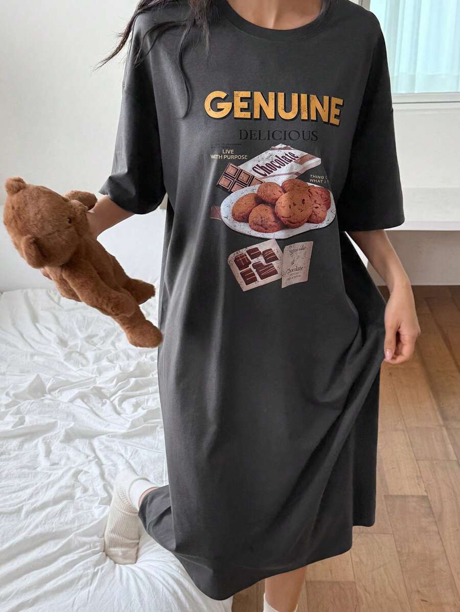 DAZY Oversized Mid-Length Nightgown With American Dessert Print