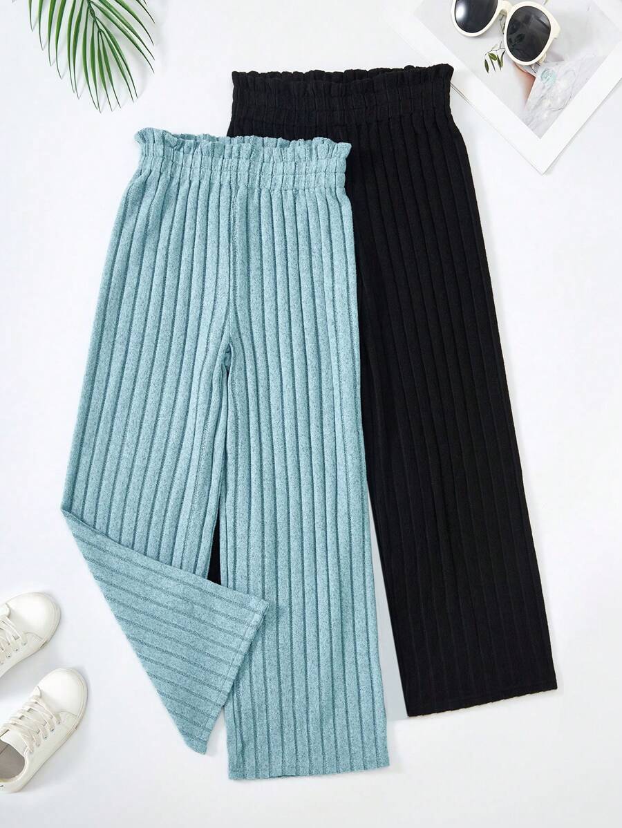 2pcs Tween Girl Straight Leg Soft & Comfortable Pants, Black And Sage Green
