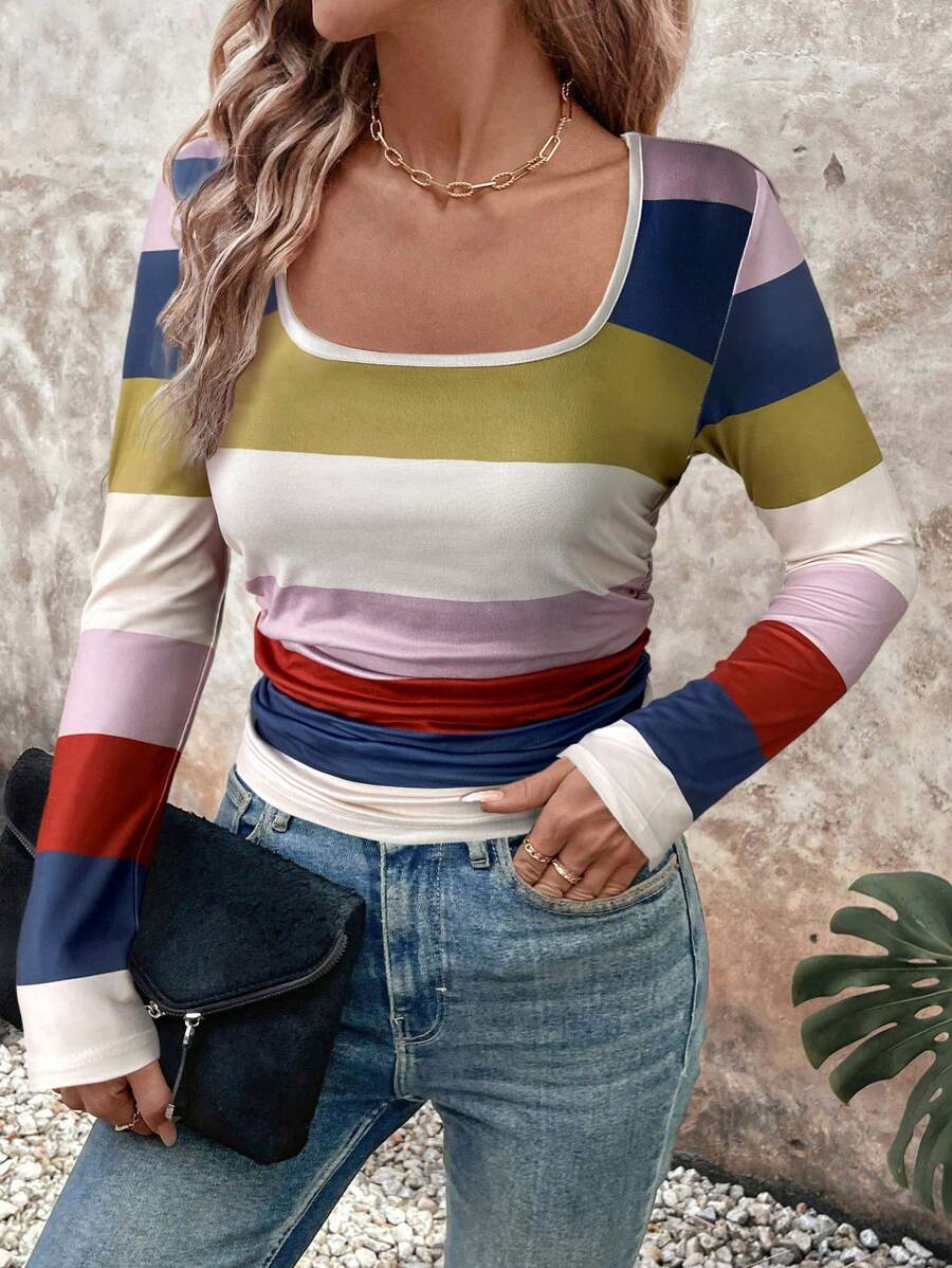 SHEIN LUNE Gestreept Color Block Grafisch Print Dames Casual Dagelijks T-shirt