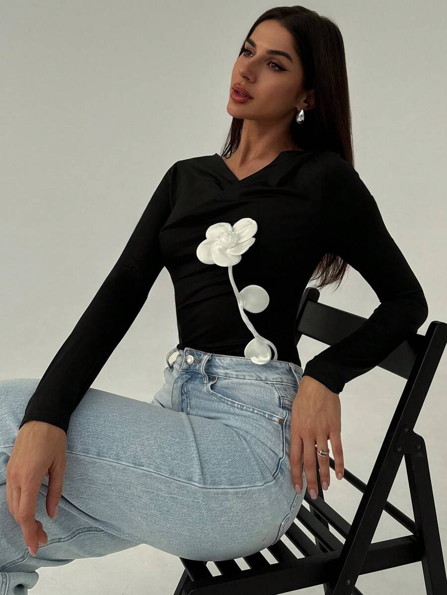 Firerie Women's Elegant Vintage Coin Pattern Asymmetric Ruched Shoulder Crew Neck Long Sleeve Fitted T-Shirt, Suitable For Commute & Vacation, Valentine's Day