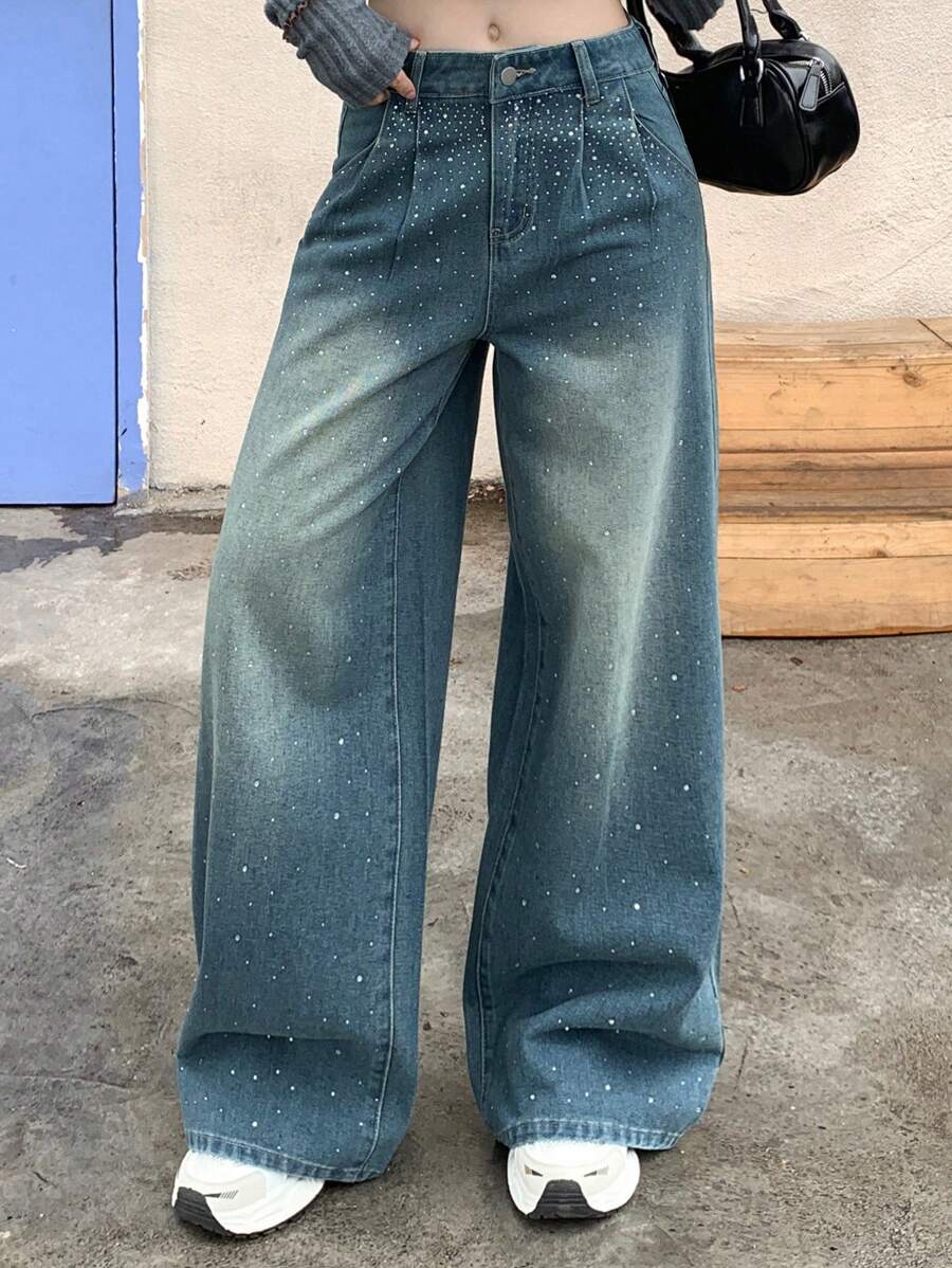 DAZY Jeans dritti casual ampi e plissettati da donna con decorazioni in strass
