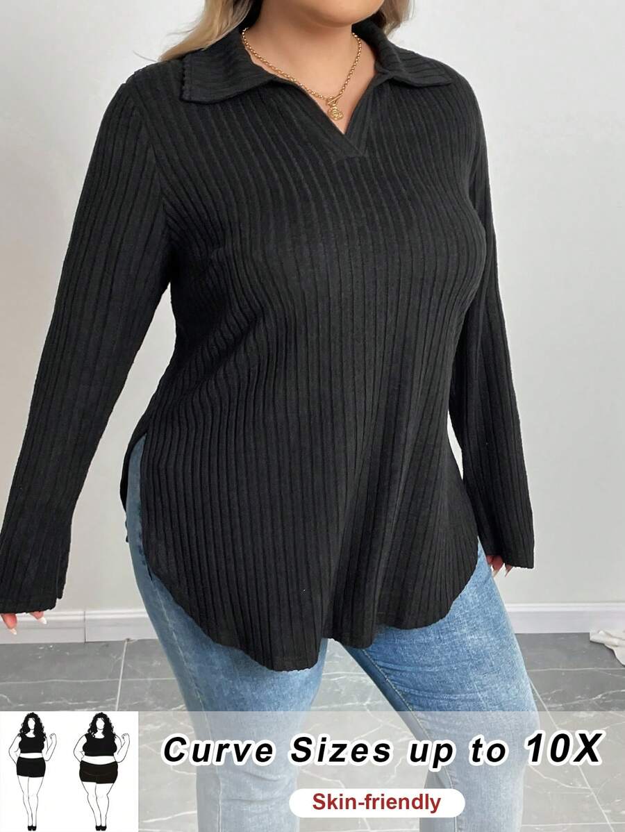 SHEIN CURVE+ Plus Size Women's Black Polo Collar Fitted Long Sleeve Casual Basic Polo Shirt-C