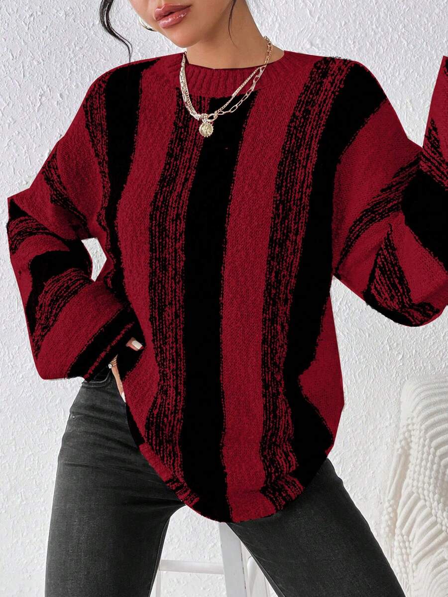 Flirla Women Round Neck Long Sleeve Simple Versatile Casual Striped Sweater