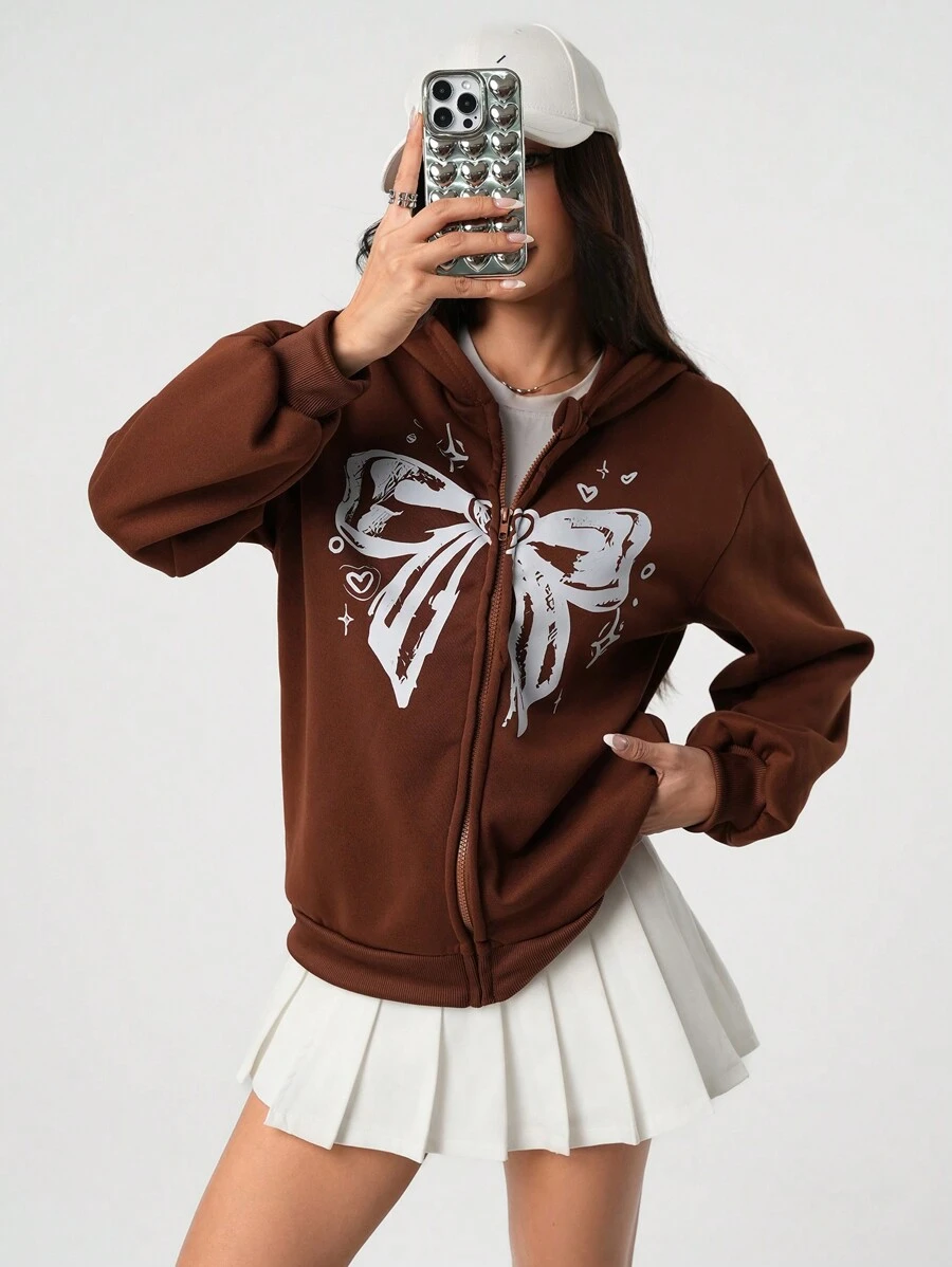 Chaqueta con capucha con estampado de mariposas dulces y oscuras, cálida y peluda, para adolescentes (jóvenes) otoño/invierno 2024