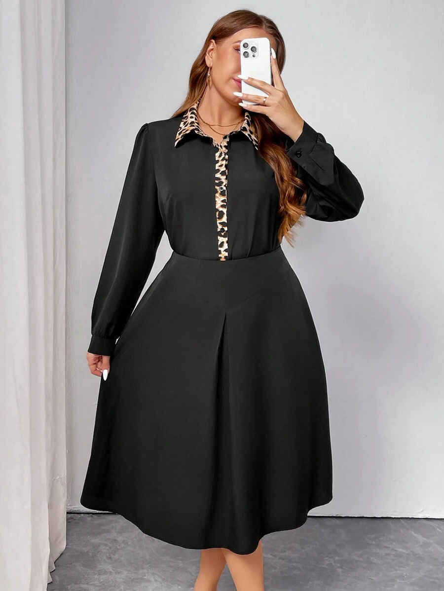 INAWLY Women Plus Size Elegant Leopard Patchwork Long Sleeve Shirt With Skirt 2 Pieces Set