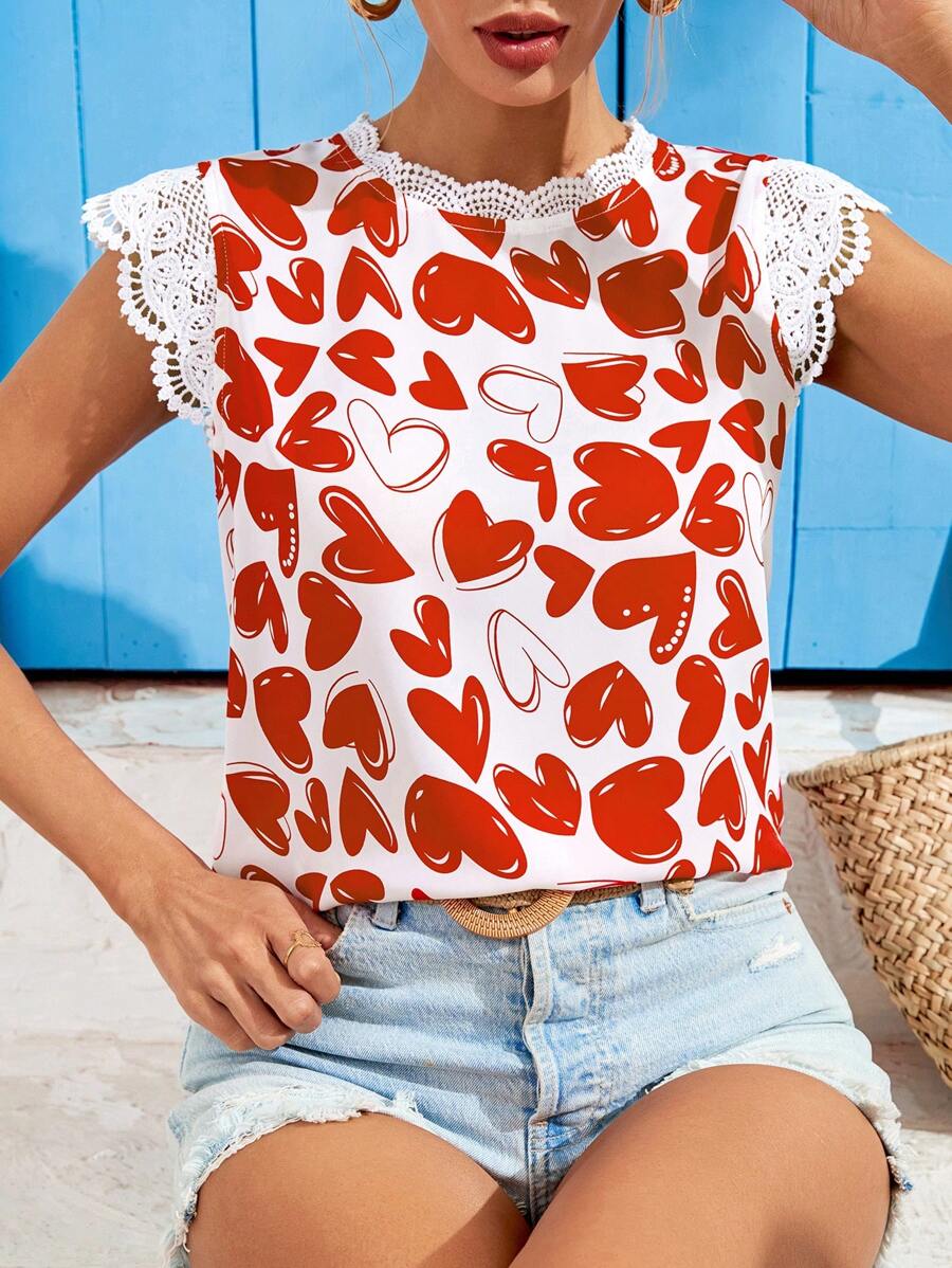 Vivid Eden Valentine's Day Cute Heart Printed Blouse, Cap Sleeve Blouse, Lace Collar,Vacation Outfit,Summer Outfits For Women
