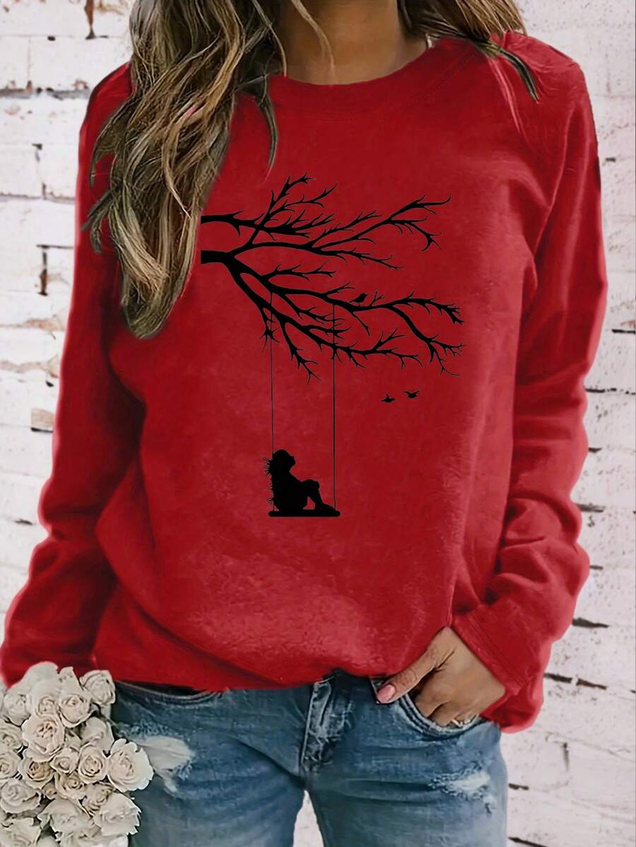 INAWLY Women Casual Botanical Print Round Neck Long Sleeve T-Shirt, Autumn For New Year Clothes Graphic Tees Women Tops For Spring Outfit