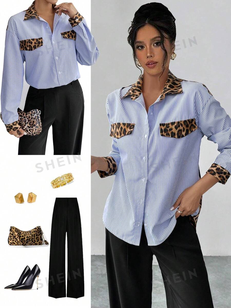 Chiquease Camisa casual con bloques de color de estampado de leopardo y rayas de otoño