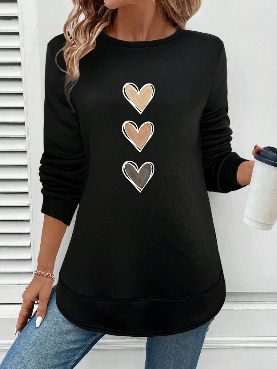 SHEIN LUNE Women's Casual Simple Heart Graphic Crew Neck Thicken Sweatshirt, Suitable For Autumn/Winter