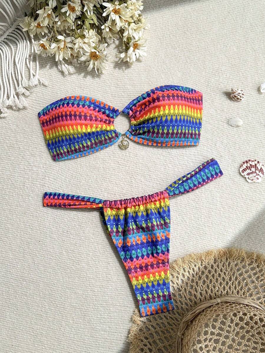 SHEIN Swim Ensemble de brassière bandeau et bikini en tricot rayé avec faux perles pour femmes, parfait pour l'été