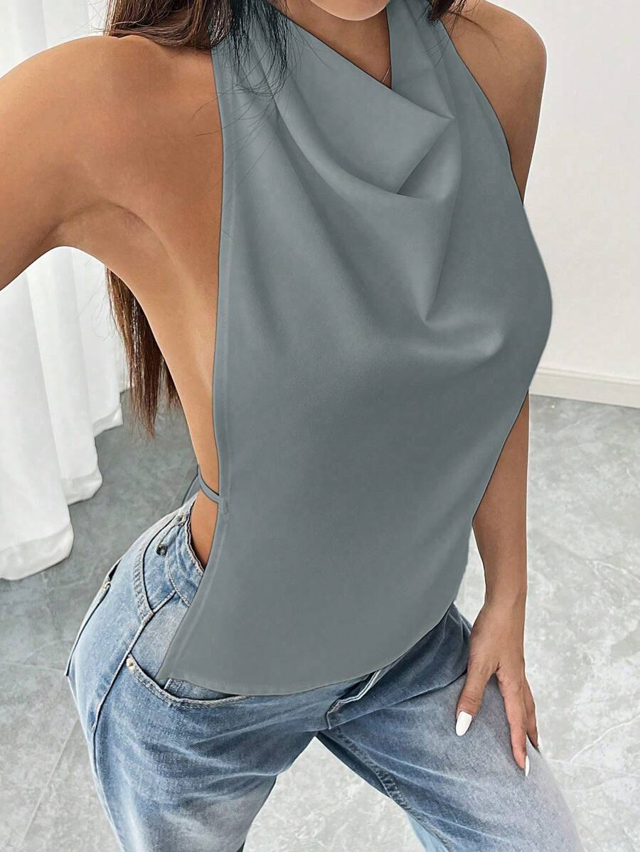 Flirla Sleeveless Halter Backless Top, Solid Color Casual Minimalist For Daily Wear