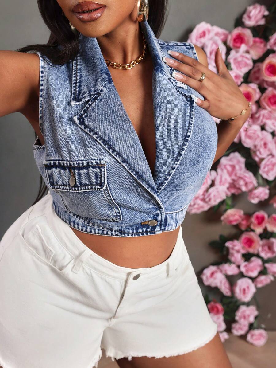 SHEIN SXY Plus Size Women's Denim Top Blue Sexy Fit Sleeveless Vest New Years Outfit New Years Top Women Tops Summer Women Tops Summer Women Clothes New Years Summer Holiday Tops