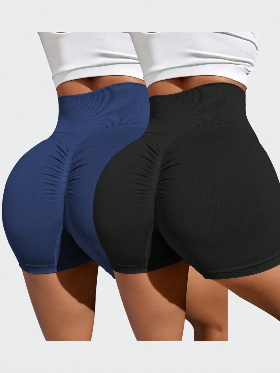 SHEIN Sport Studio 2 Stück Damen Shorts mit hoher Taille, plissiert, Lässig und nahtlos, Sportshorts, einfarbige Damen Schweißshorts, Fitness-Shorts, Biker-Shorts