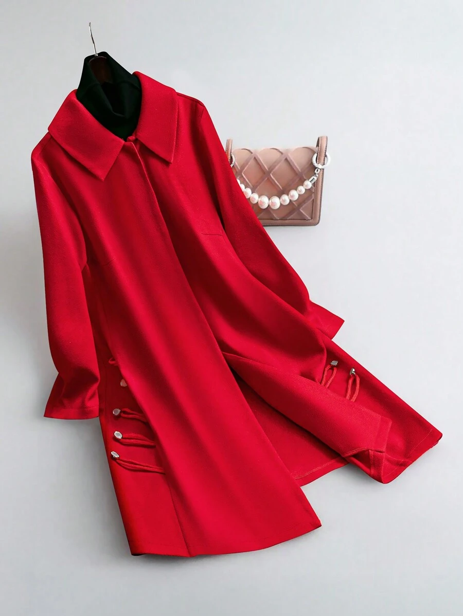 SHEIN Clasi Plus Size Women's Red Tie-Up Button Winter Long Sleeve Fitted Overcoat