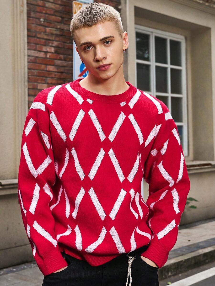 Manfinity Hypemode Suéter de cuello redondo de manga larga con bloqueo de color y patrón de diamantes, de punto, para hombre - Uso casual para otoño/invierno, salir con amigos