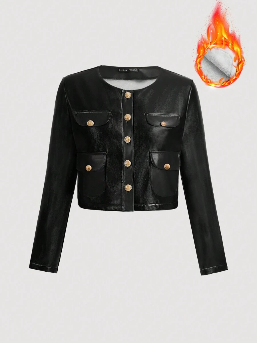 SHEIN MOD Giacca in similpelle con collo rotondo, maniche lunghe, tasche e bottoni automatici, giacca in pile, giacca nera da donna, giacca di pelle da donna, giacca invernale da donna, casual business da donna