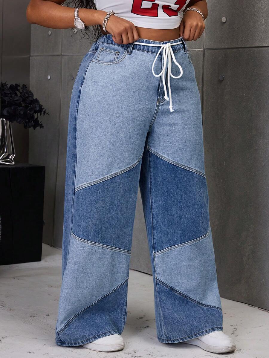 SHEIN SXY Plus Size Women Non-Stretch Blue Denim Straight Leg Jeans With Patchwork Design