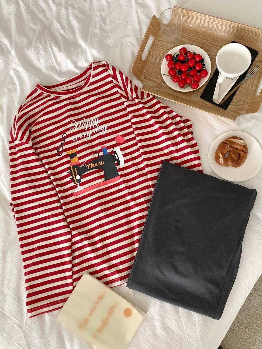 DAZY Graphic Print & Striped Long Sleeve Blouse With Solid Straight Leg Pajama Pants Set