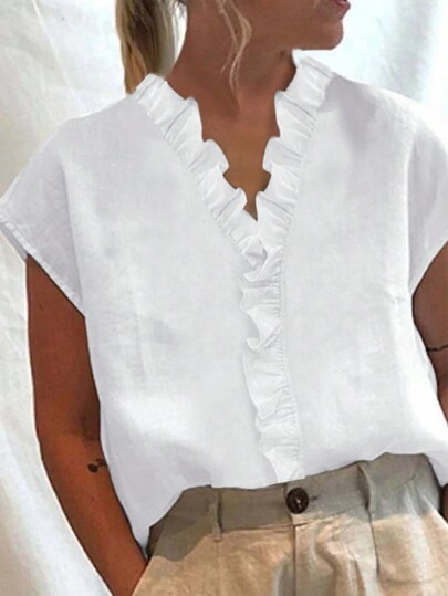 EMERY ROSE Women's Solid Color Simple Short Sleeve Shirt With Lace Decoration