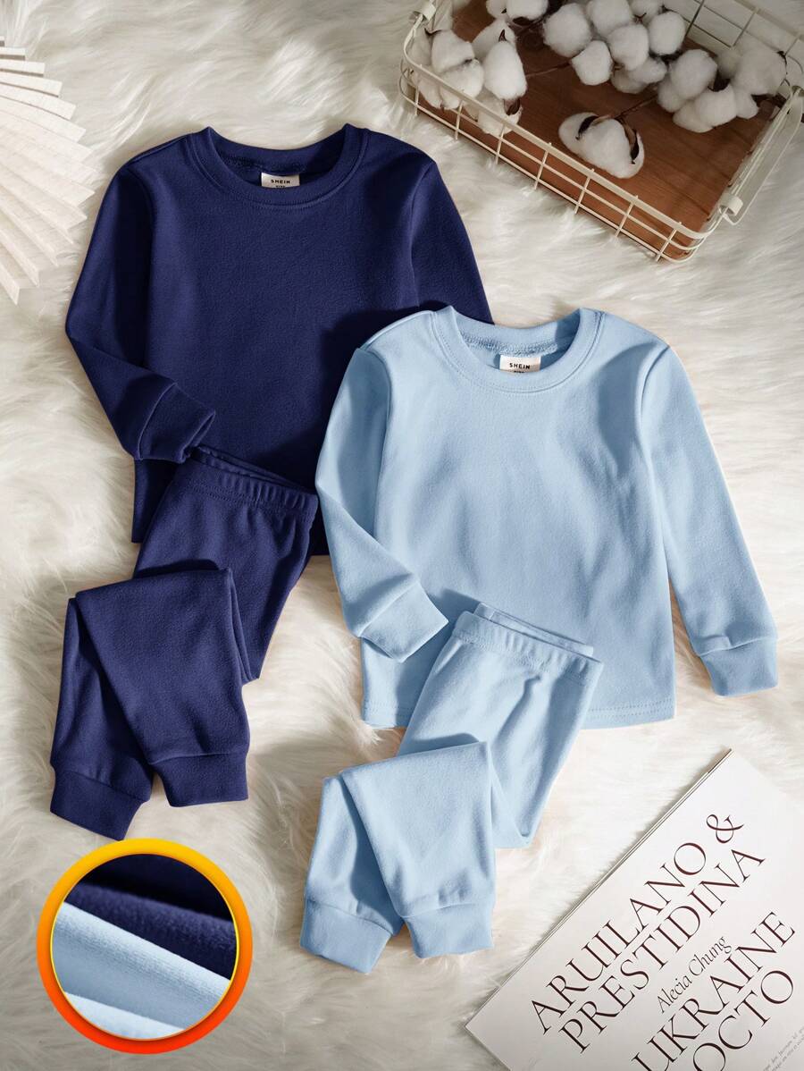 SHEIN Babyjongen 2 stuks nauwsluitende, eenvoudige top met lange mouwen en broek, zachte elastische comfortabele nachtkledingset