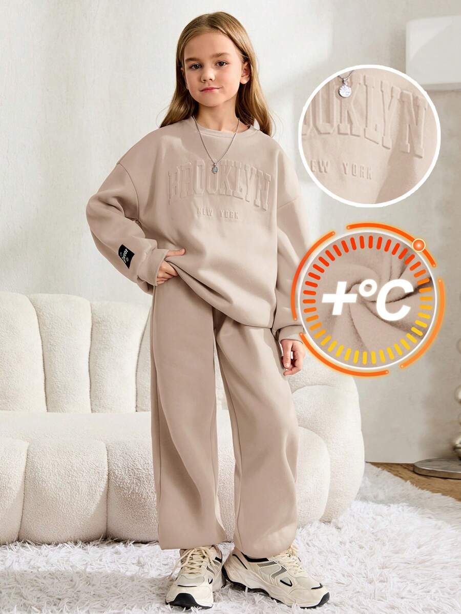 Conjunto de 2 piezas (sudadera y pantalón deportivo) informal suelto para niña preadolescente con detalles grabados con letras y parche gráfico de letras en cuello redondo