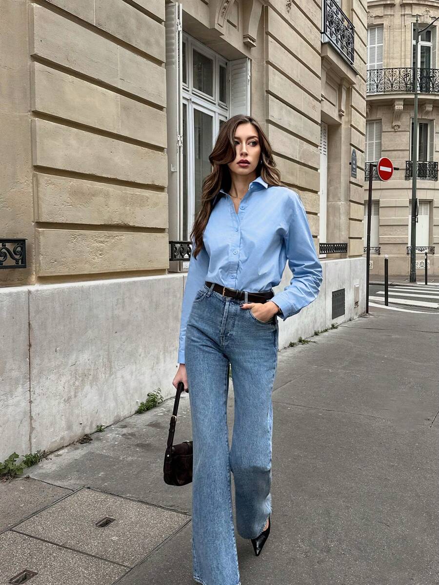 Calvaya Blauwe lange mouw losse overshirt zonnebrand jas gelaagde top