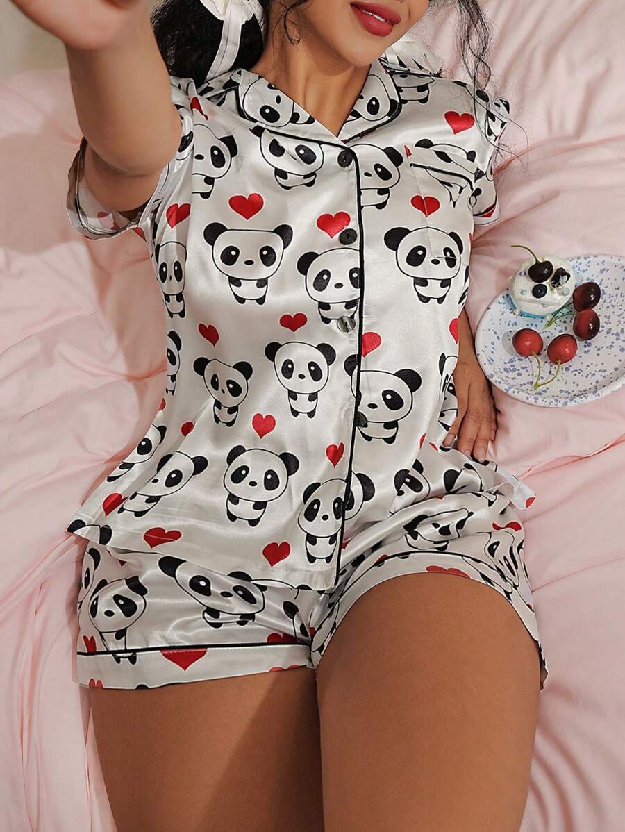 SweetSlumber Cute Panda Ins Style Heart Pattern Satin Collar Ladies Pajama Set